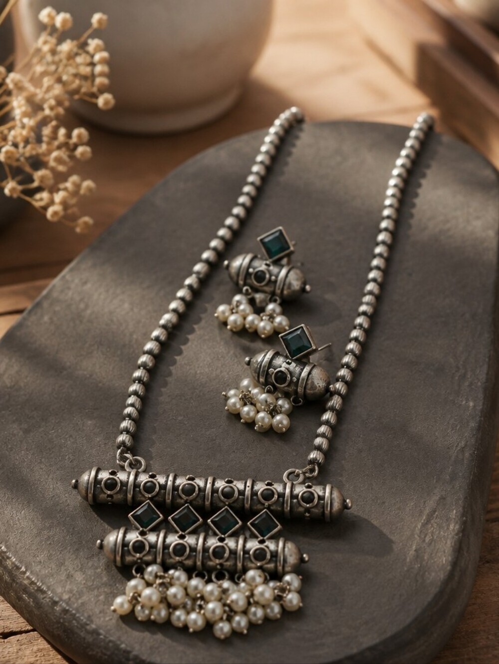 Women’s Silver Tone Tribal Pendant Necklace and Earrings Set